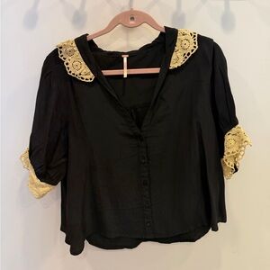 Free People Black Blouse with Cream Lace